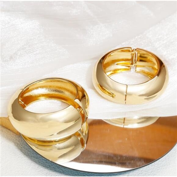 2Pcs Gold Chunky Cuff Bracelets for Women Adjustable Bangle Gold Plated - Picture 4 of 8